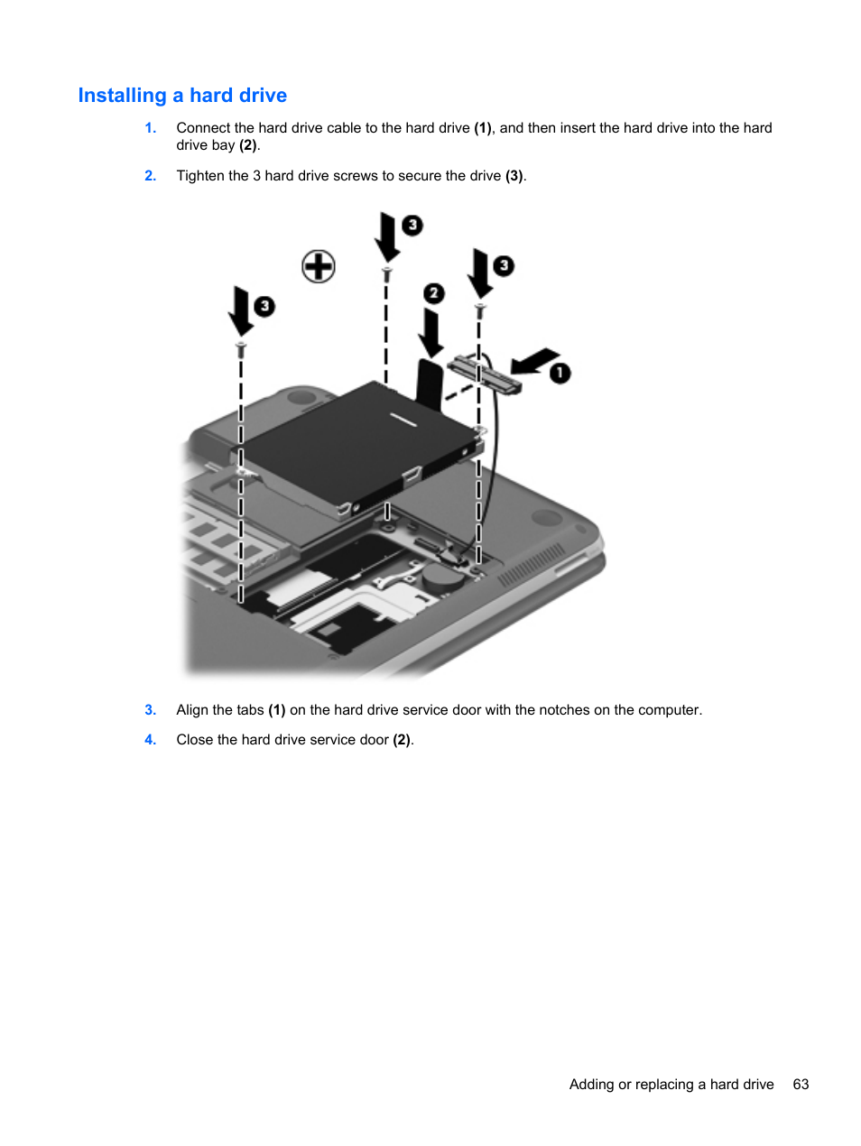 Installing a hard drive | HP Pavilion dm4-3170se Beats Edition Entertainment Notebook PC User Manual | Page 73 / 121