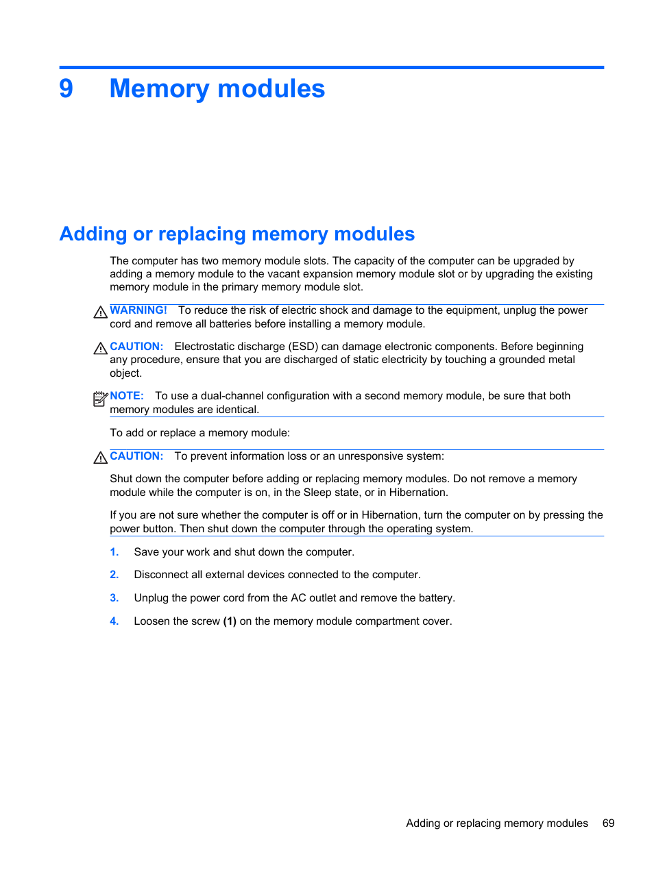 Memory modules, Adding or replacing memory modules, 9 memory modules | HP Pavilion dm4-3170se Beats Edition Entertainment Notebook PC User Manual | Page 79 / 121