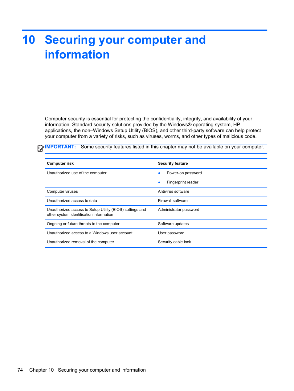 Securing your computer and information, 10 securing your computer and information, Securing your computer and | HP Pavilion dm4-3170se Beats Edition Entertainment Notebook PC User Manual | Page 84 / 121