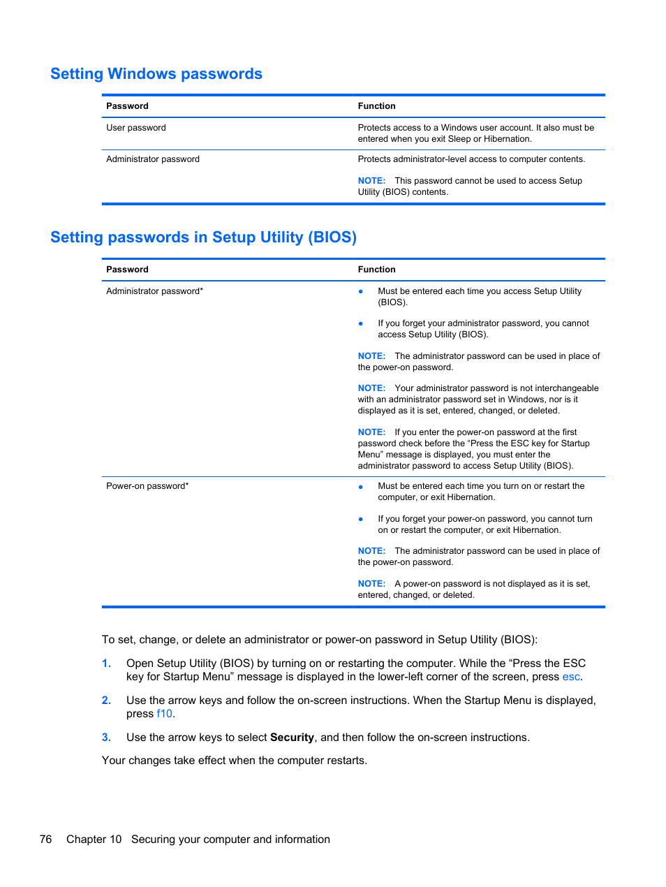 Setting windows passwords, Setting passwords in setup utility (bios) | HP Pavilion dm4-3170se Beats Edition Entertainment Notebook PC User Manual | Page 86 / 121