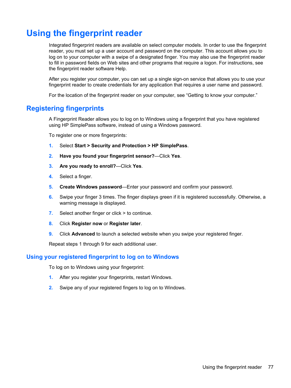 Using the fingerprint reader, Registering fingerprints | HP Pavilion dm4-3170se Beats Edition Entertainment Notebook PC User Manual | Page 87 / 121