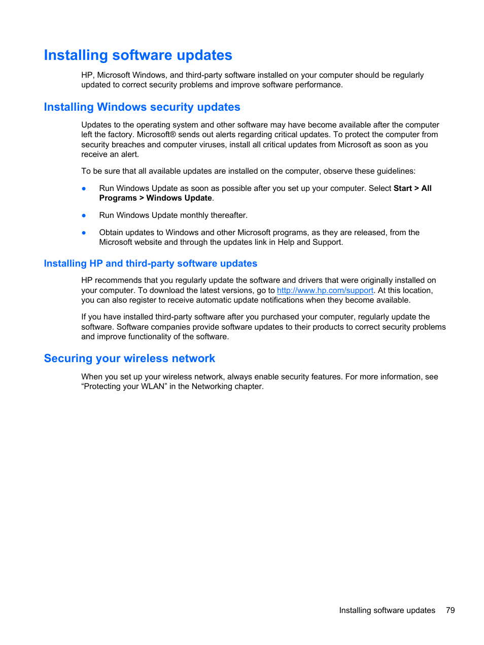 Installing software updates, Installing windows security updates, Installing hp and third-party software updates | Securing your wireless network | HP Pavilion dm4-3170se Beats Edition Entertainment Notebook PC User Manual | Page 89 / 121