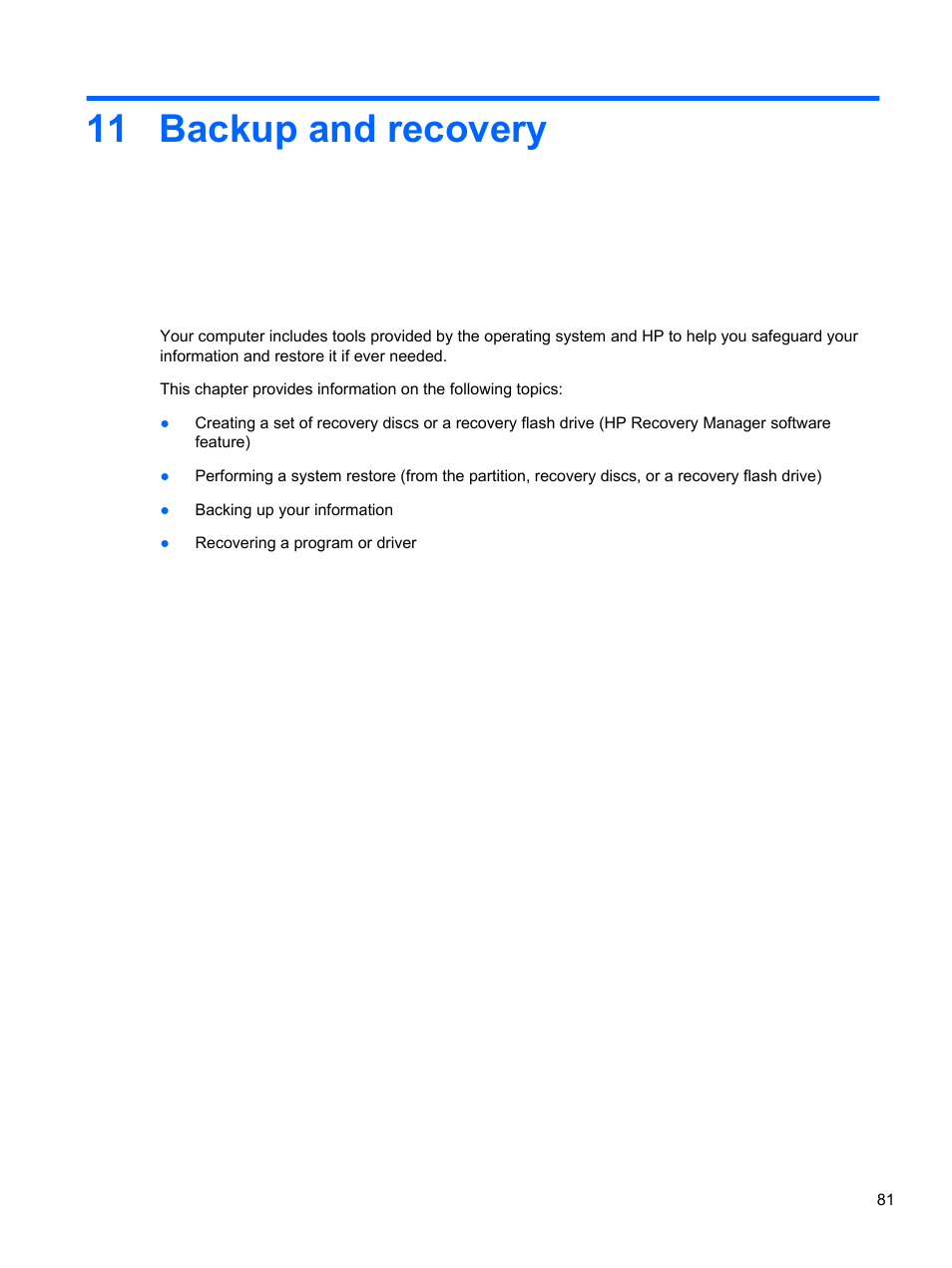 Backup and recovery, 11 backup and recovery | HP Pavilion dm4-3170se Beats Edition Entertainment Notebook PC User Manual | Page 91 / 121
