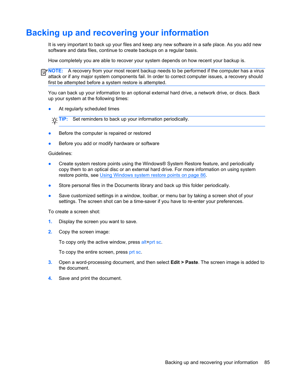 Backing up and recovering your information | HP Pavilion dm4-3170se Beats Edition Entertainment Notebook PC User Manual | Page 95 / 121