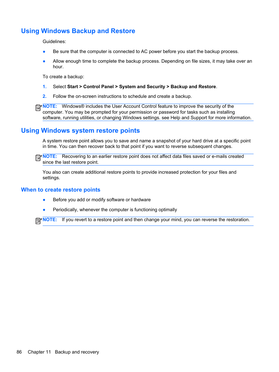 Using windows backup and restore, Using windows system restore points, When to create restore points | HP Pavilion dm4-3170se Beats Edition Entertainment Notebook PC User Manual | Page 96 / 121