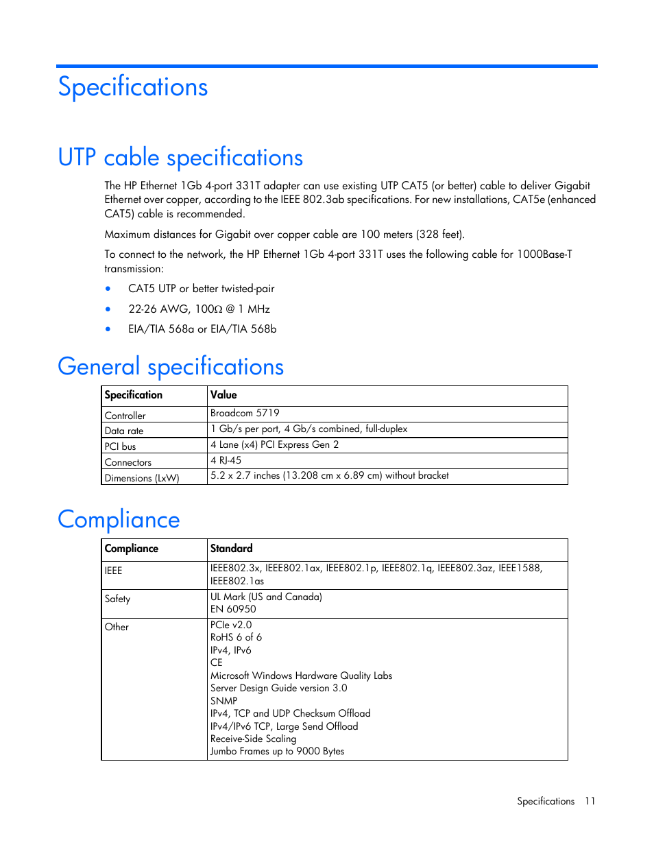 Specifications, Utp cable specifications, General specifications | Compliance | HP Ethernet 1Gb 4-port 331T Adapter User Manual | Page 11 / 18