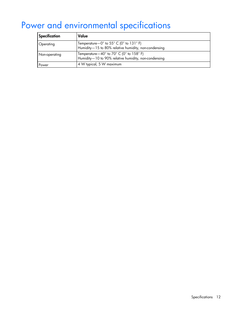 Power and environmental specifications | HP Ethernet 1Gb 4-port 331T Adapter User Manual | Page 12 / 18