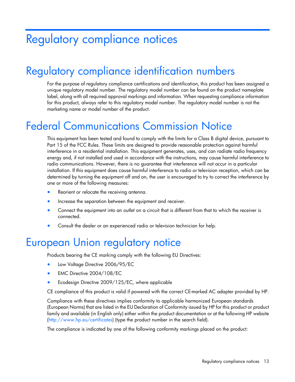 Regulatory compliance notices, Regulatory compliance identification numbers, Federal communications commission notice | European union regulatory notice | HP Ethernet 1Gb 4-port 331T Adapter User Manual | Page 13 / 18