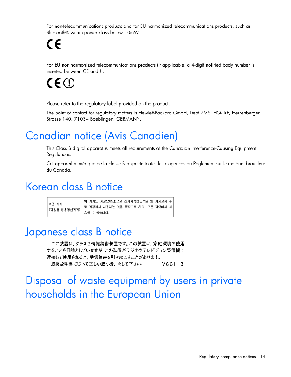Canadian notice (avis canadien), Korean class b notice, Japanese class b notice | HP Ethernet 1Gb 4-port 331T Adapter User Manual | Page 14 / 18