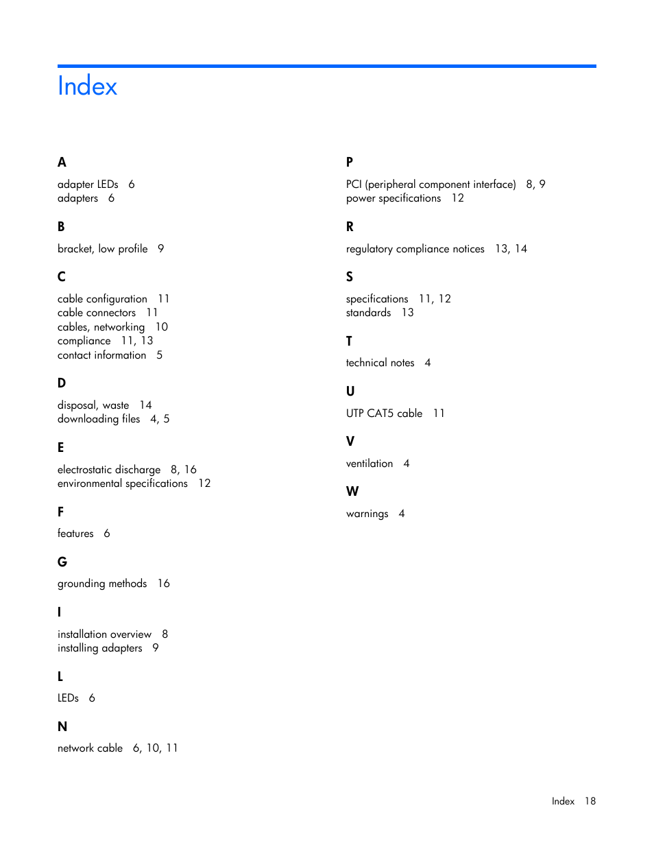 Index | HP Ethernet 1Gb 4-port 331T Adapter User Manual | Page 18 / 18
