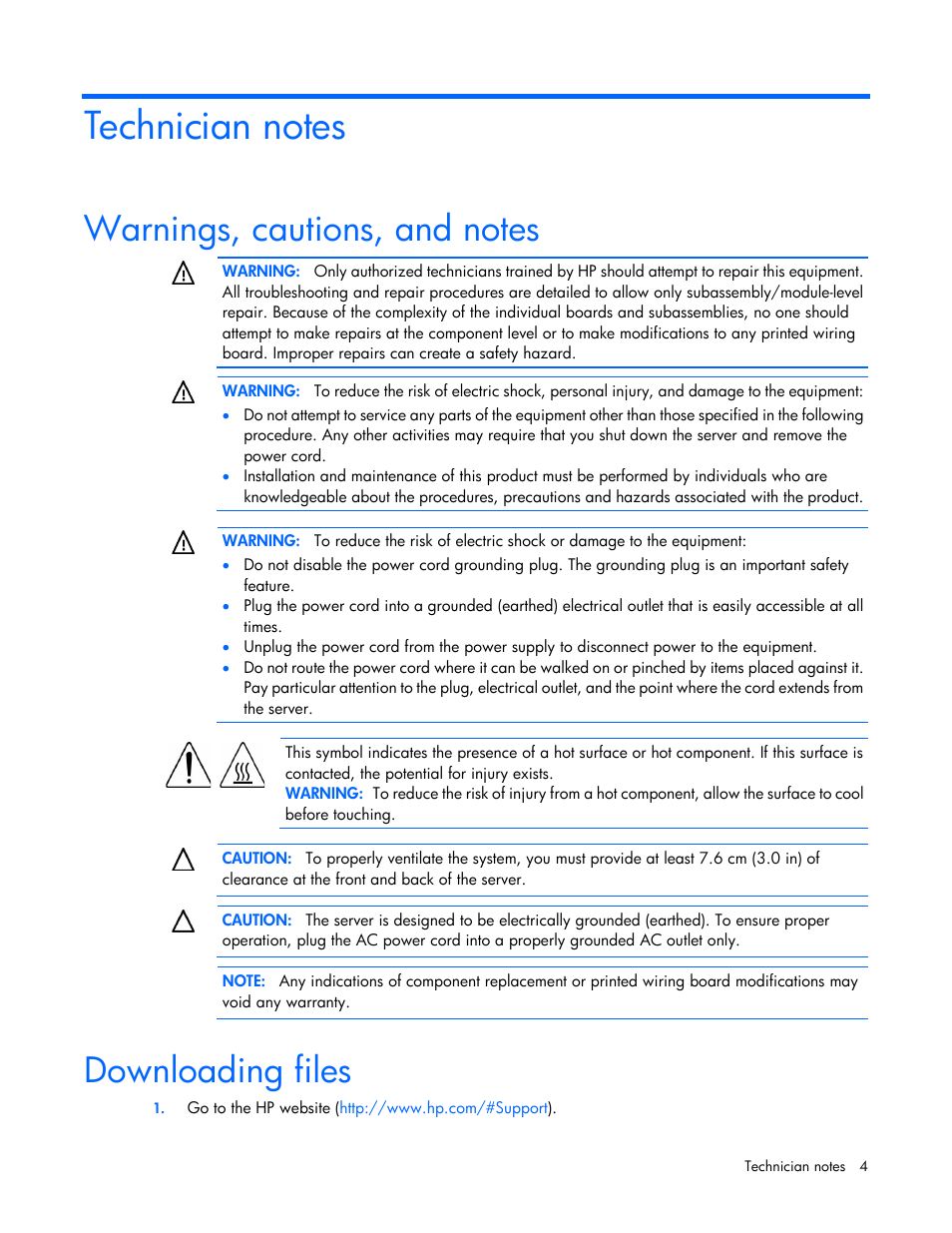 Technician notes, Warnings, cautions, and notes, Downloading files | HP Ethernet 1Gb 4-port 331T Adapter User Manual | Page 4 / 18