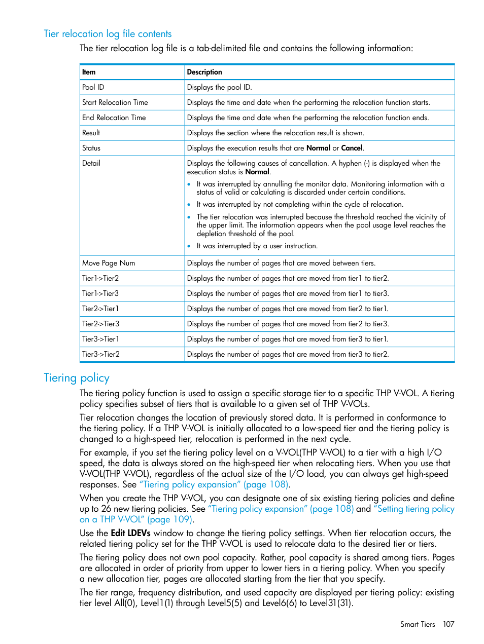 Tier relocation log file contents, Tiering policy | HP XP P9500 Storage User Manual | Page 107 / 438