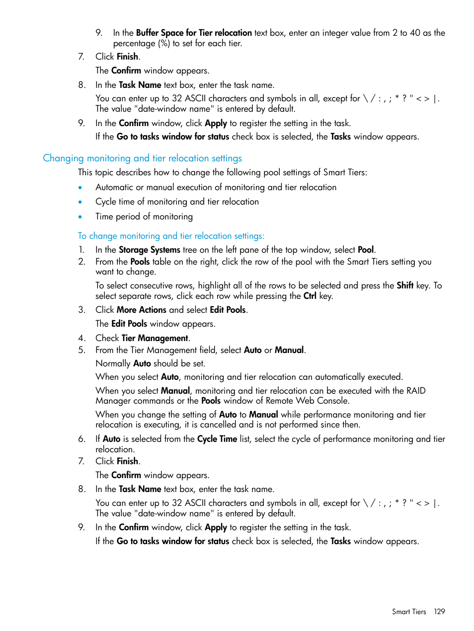 Changing monitoring and tier relocation settings | HP XP P9500 Storage User Manual | Page 129 / 438