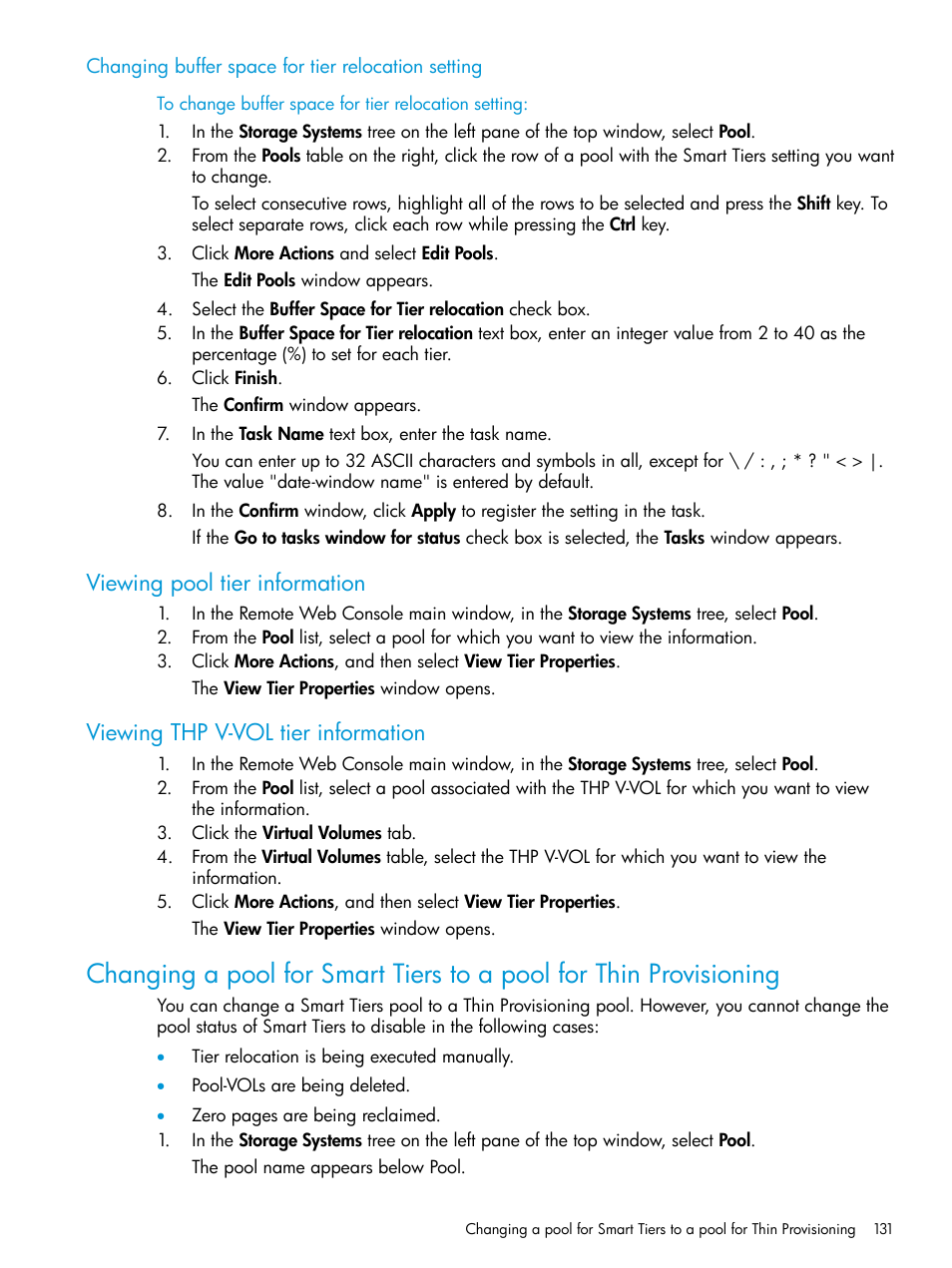 Changing buffer space for tier relocation setting, Viewing pool tier information, Viewing thp v-vol tier information | HP XP P9500 Storage User Manual | Page 131 / 438