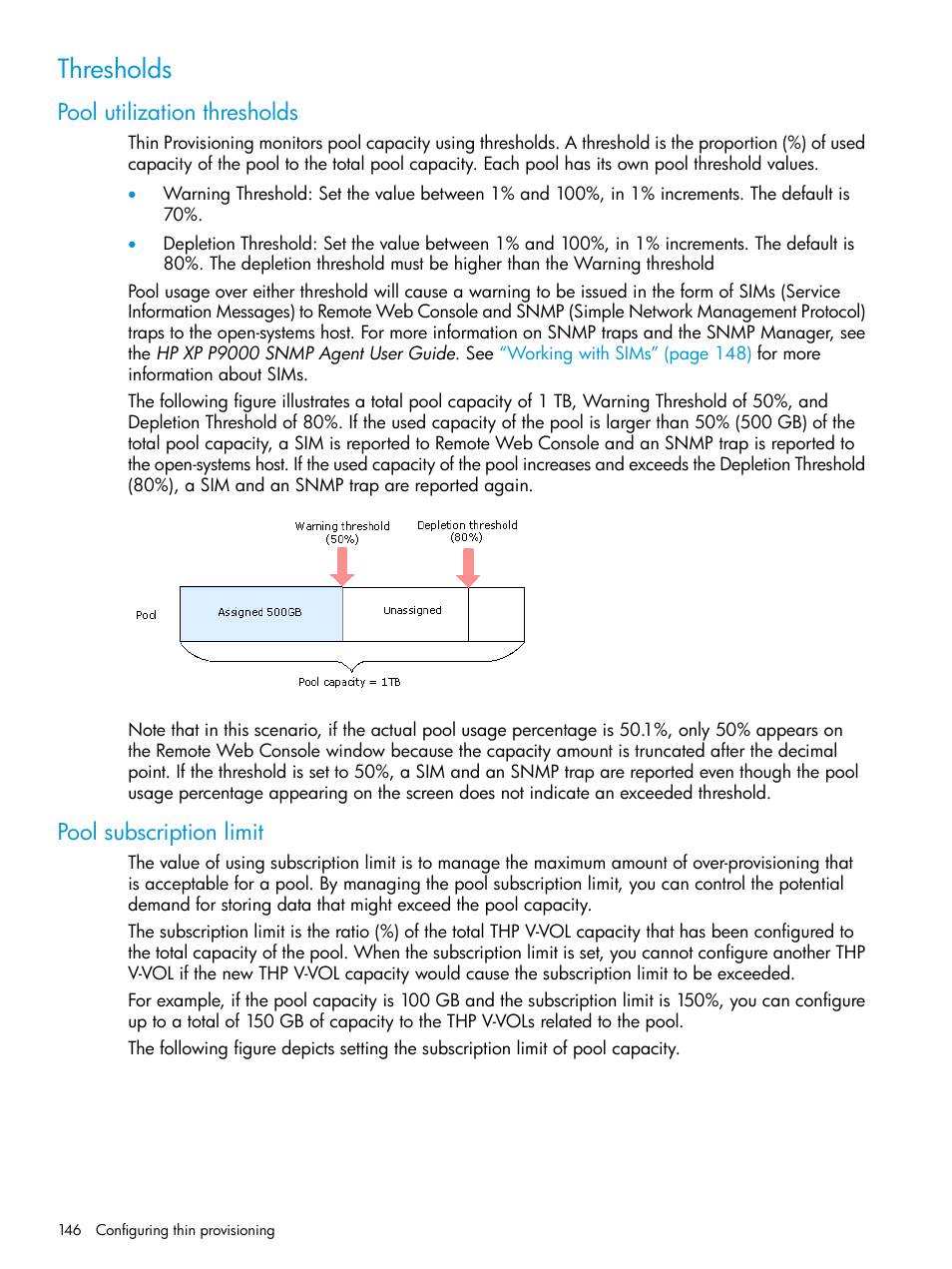 Thresholds, Pool utilization thresholds, Pool subscription limit | HP XP P9500 Storage User Manual | Page 146 / 438