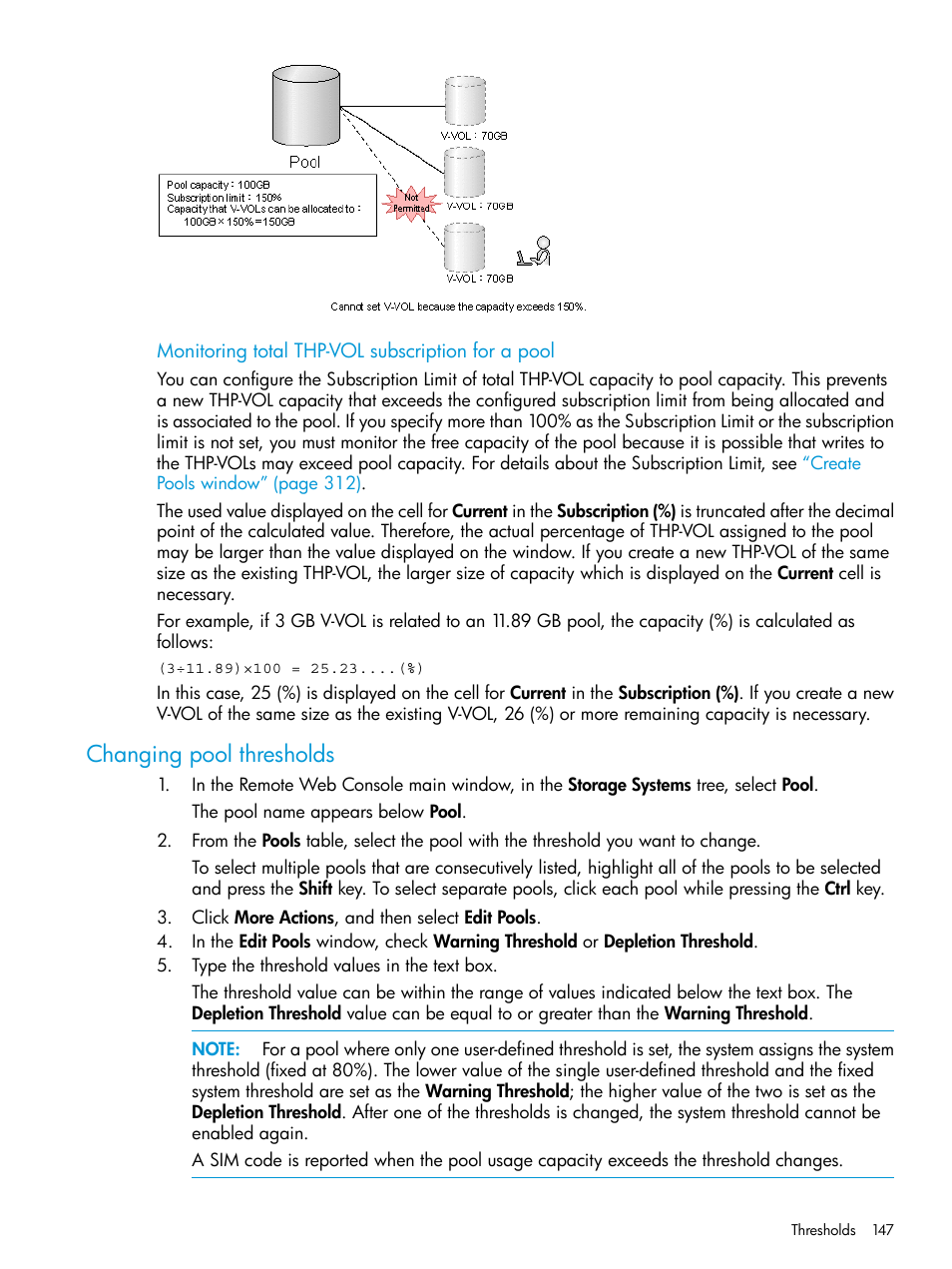 Changing pool thresholds | HP XP P9500 Storage User Manual | Page 147 / 438