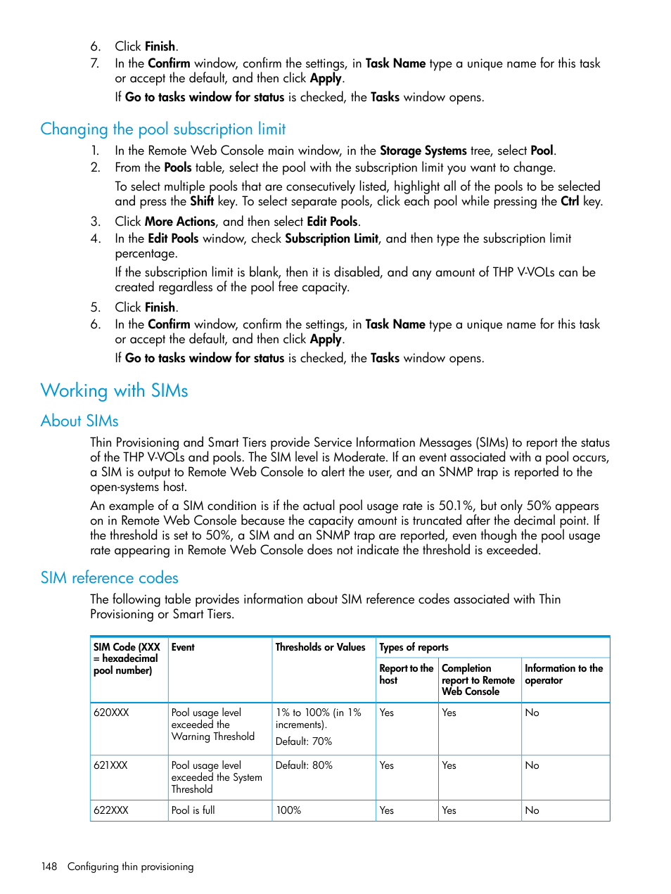 Changing the pool subscription limit, Working with sims, About sims | Sim reference codes, About sims sim reference codes | HP XP P9500 Storage User Manual | Page 148 / 438