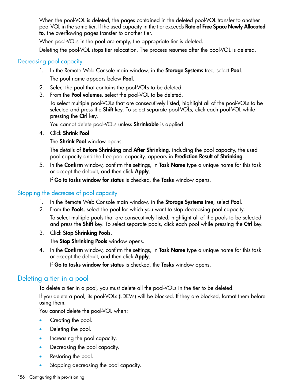 Decreasing pool capacity, Stopping the decrease of pool capacity, Deleting a tier in a pool | HP XP P9500 Storage User Manual | Page 156 / 438