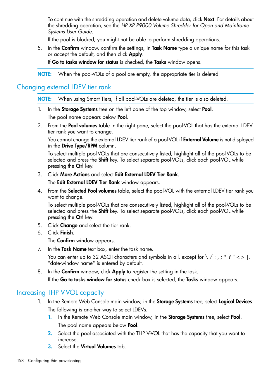 Changing external ldev tier rank, Increasing thp v-vol capacity | HP XP P9500 Storage User Manual | Page 158 / 438