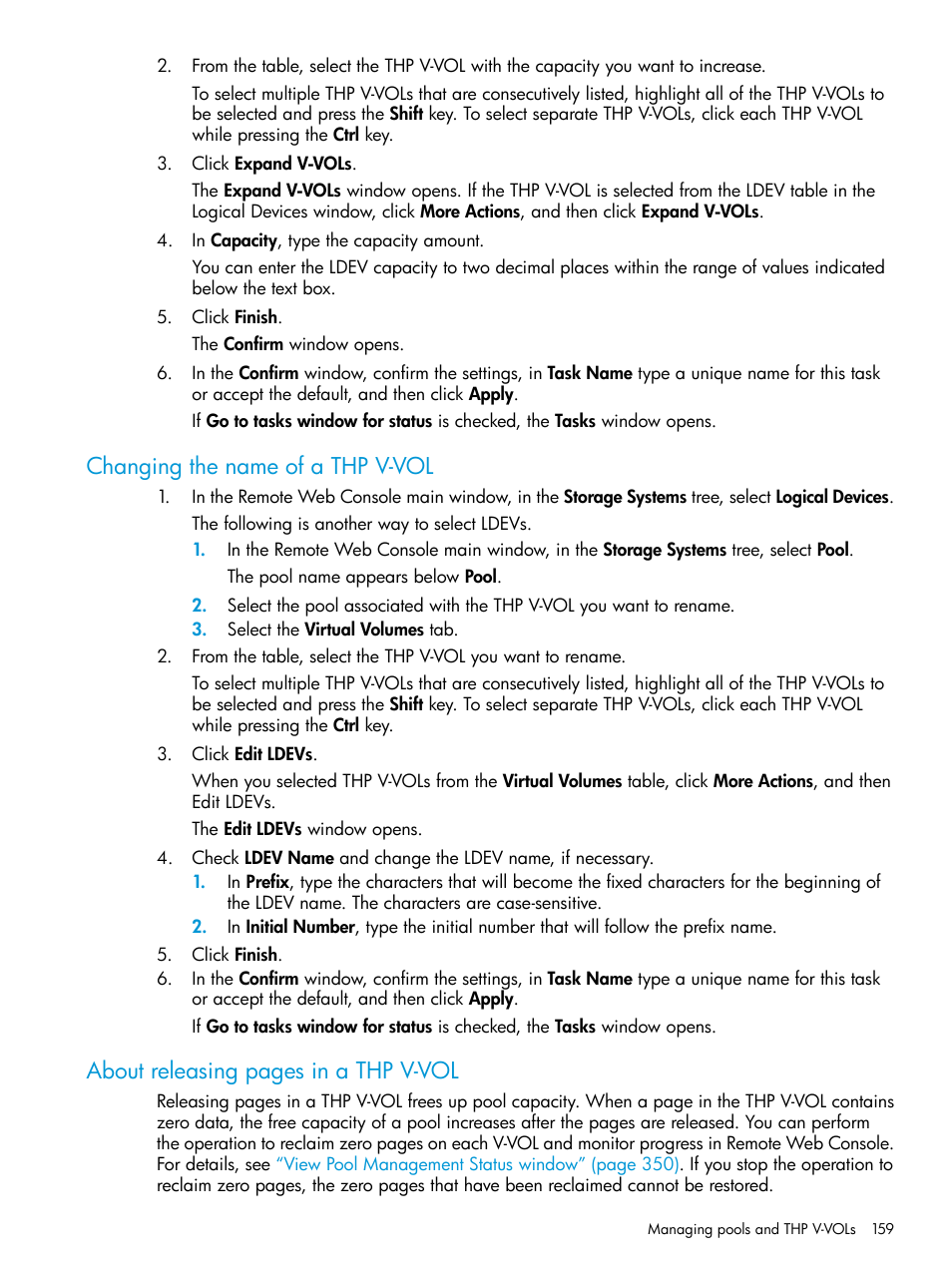 Changing the name of a thp v-vol, About releasing pages in a thp v-vol | HP XP P9500 Storage User Manual | Page 159 / 438