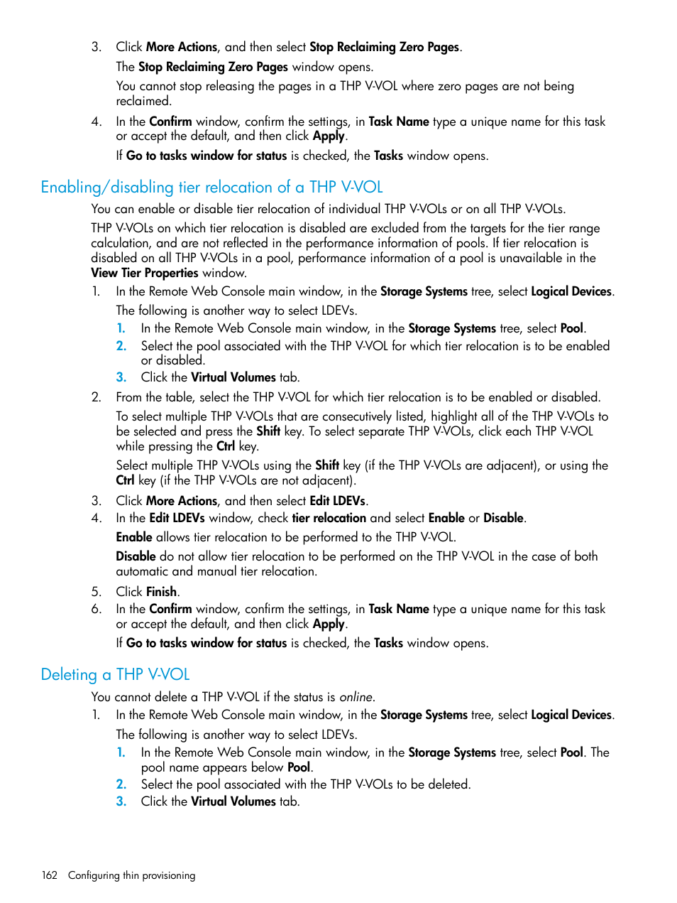 Enabling/disabling tier relocation of a thp v-vol, Deleting a thp v-vol | HP XP P9500 Storage User Manual | Page 162 / 438