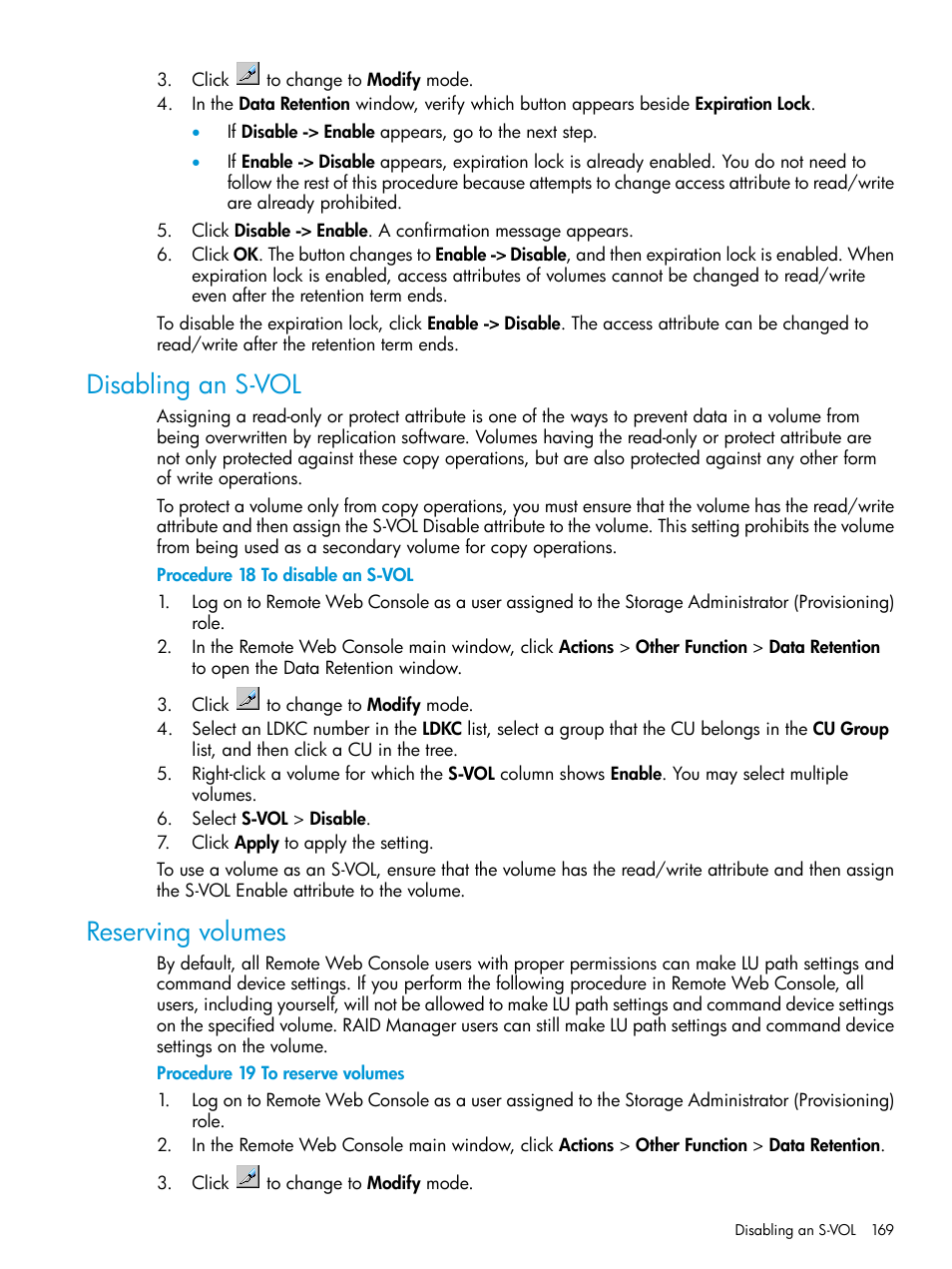 Disabling an s-vol, Reserving volumes, Disabling an s-vol reserving volumes | HP XP P9500 Storage User Manual | Page 169 / 438