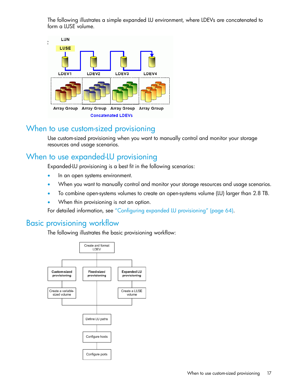 When to use custom-sized provisioning, When to use expanded-lu provisioning, Basic provisioning workflow | HP XP P9500 Storage User Manual | Page 17 / 438