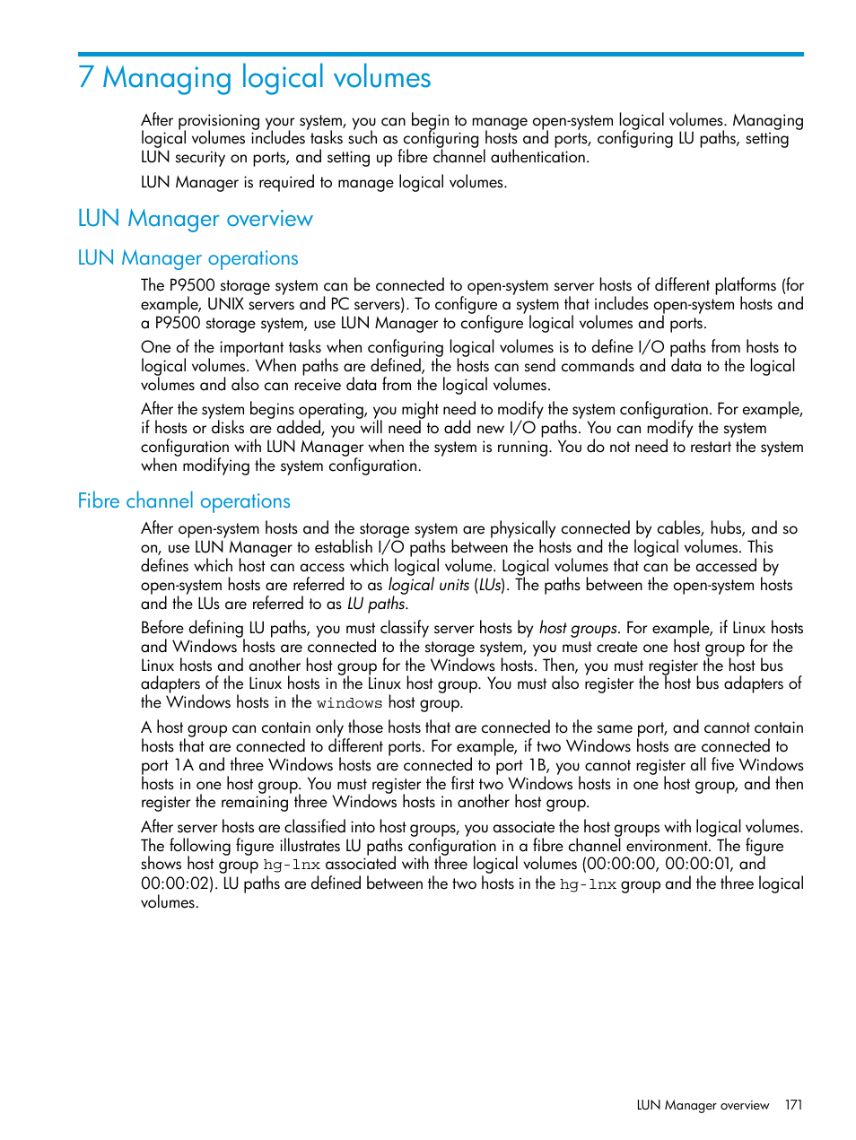 7 managing logical volumes, Lun manager overview, Lun manager operations | Fibre channel operations, Lun manager operations fibre channel operations | HP XP P9500 Storage User Manual | Page 171 / 438