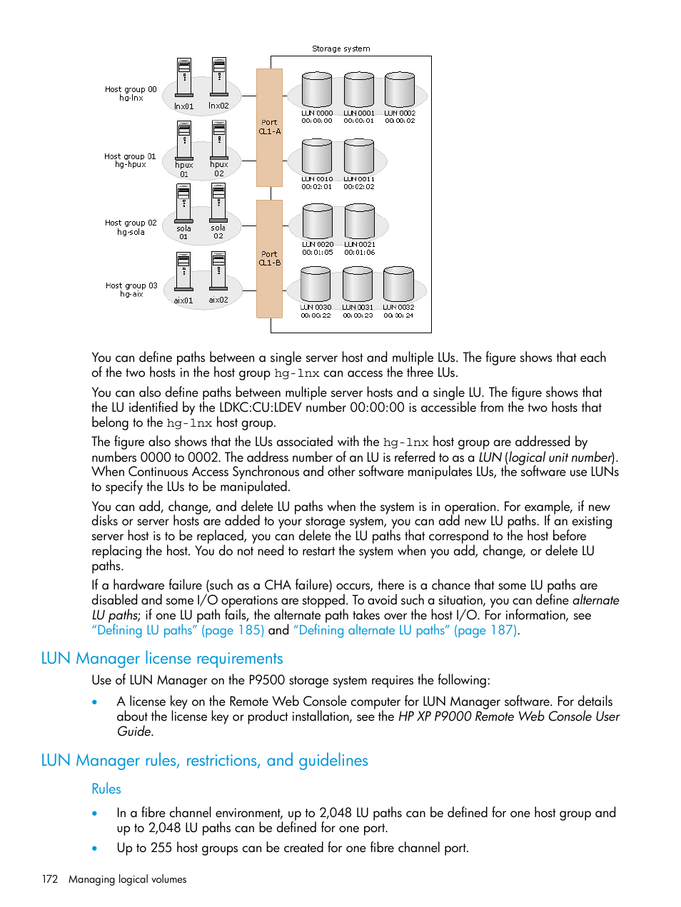 Lun manager license requirements, Lun manager rules, restrictions, and guidelines | HP XP P9500 Storage User Manual | Page 172 / 438