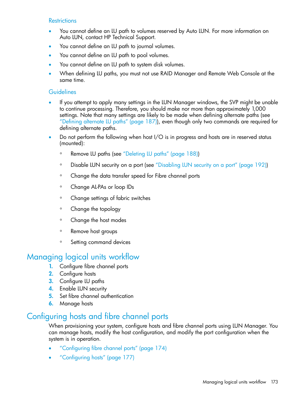 Managing logical units workflow, Configuring hosts and fibre channel ports | HP XP P9500 Storage User Manual | Page 173 / 438