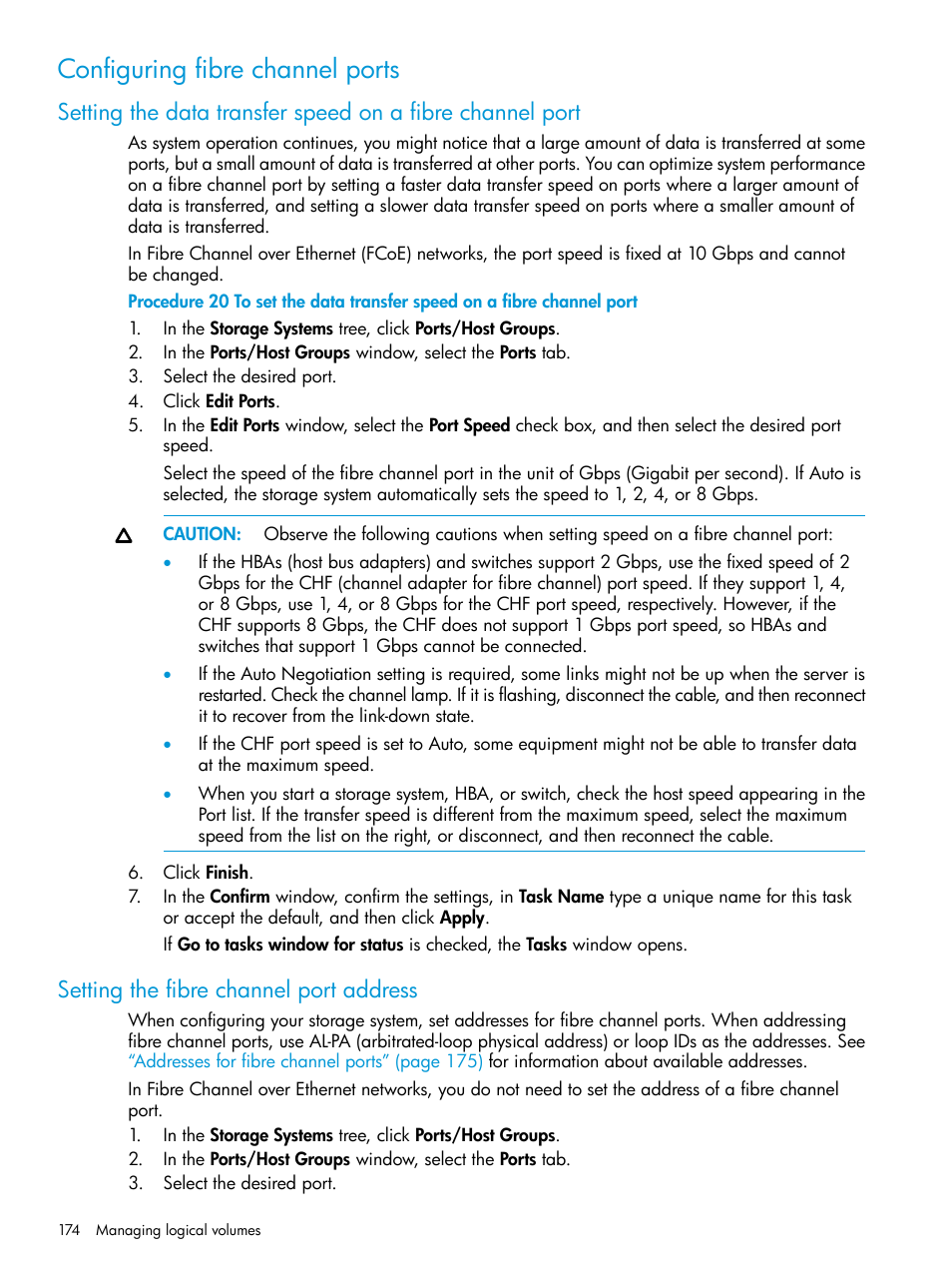 Configuring fibre channel ports, Setting the fibre channel port address | HP XP P9500 Storage User Manual | Page 174 / 438