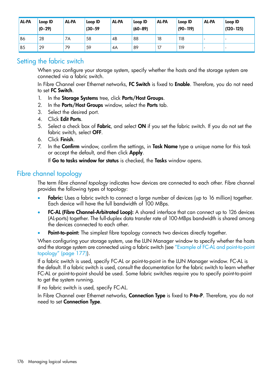 Setting the fabric switch, Fibre channel topology, Setting the fabric switch fibre channel topology | HP XP P9500 Storage User Manual | Page 176 / 438