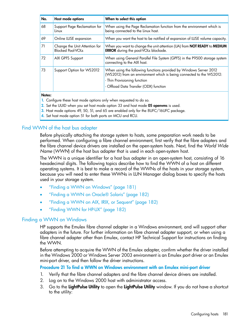Find wwn of the host bus adapter, Finding a wwn on windows | HP XP P9500 Storage User Manual | Page 181 / 438