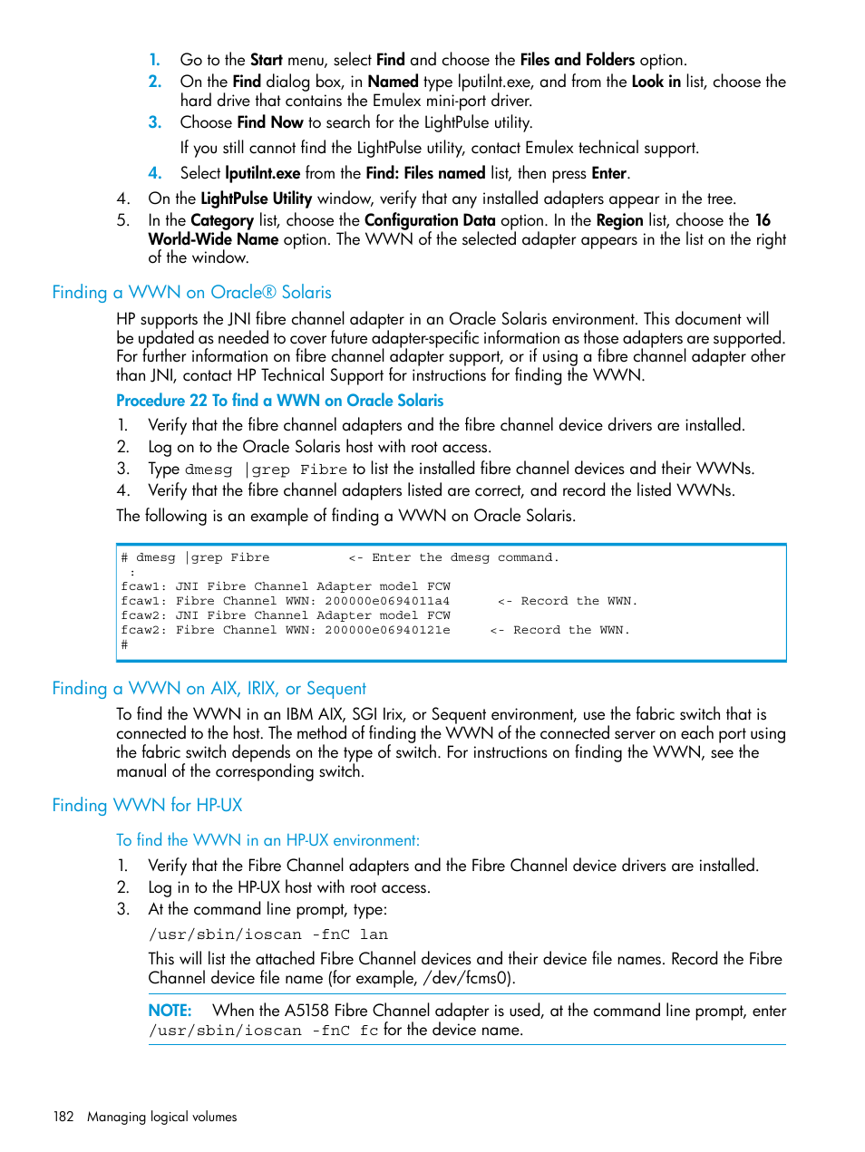 Finding a wwn on oracle® solaris, Finding a wwn on aix, irix, or sequent, Finding wwn for hp-ux | HP XP P9500 Storage User Manual | Page 182 / 438