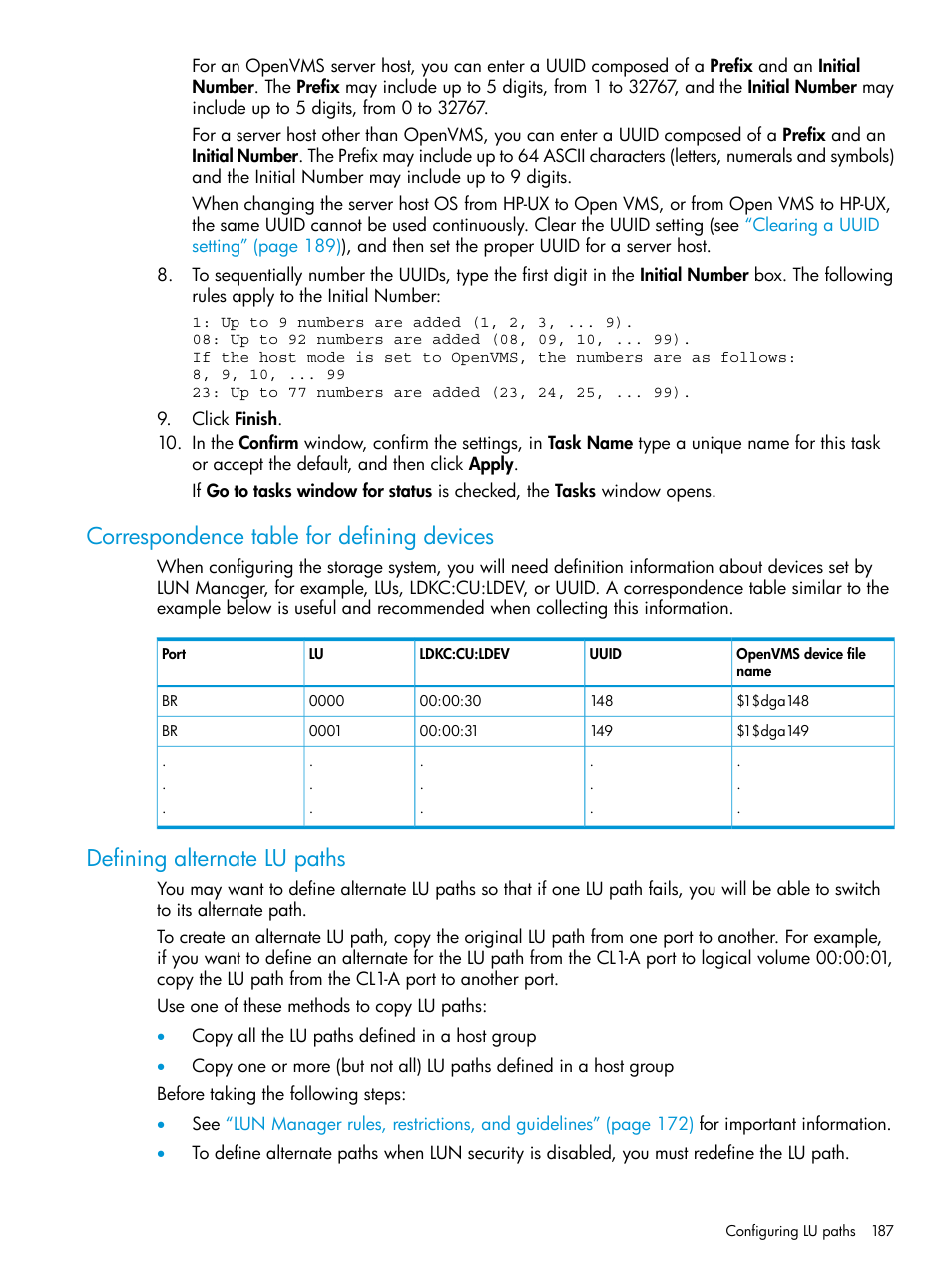 Correspondence table for defining devices, Defining alternate lu paths | HP XP P9500 Storage User Manual | Page 187 / 438