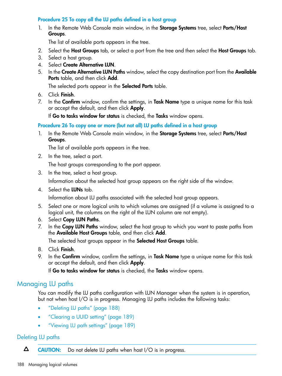 Managing lu paths, Deleting lu paths | HP XP P9500 Storage User Manual | Page 188 / 438
