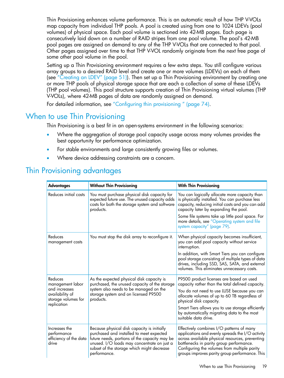 When to use thin provisioning, Thin provisioning advantages | HP XP P9500 Storage User Manual | Page 19 / 438