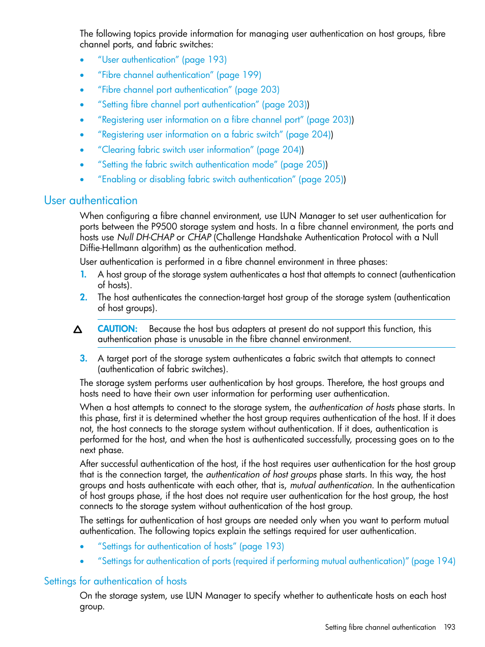 User authentication, Settings for authentication of hosts | HP XP P9500 Storage User Manual | Page 193 / 438