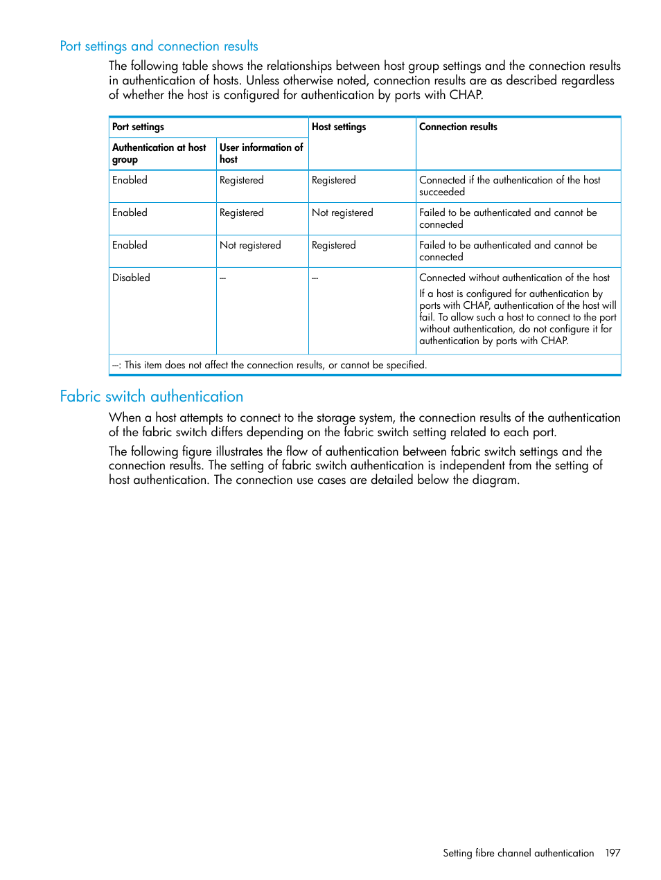 Port settings and connection results, Fabric switch authentication | HP XP P9500 Storage User Manual | Page 197 / 438