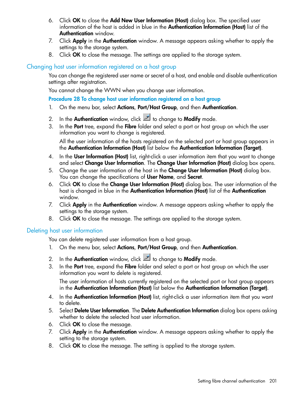 Deleting host user information | HP XP P9500 Storage User Manual | Page 201 / 438