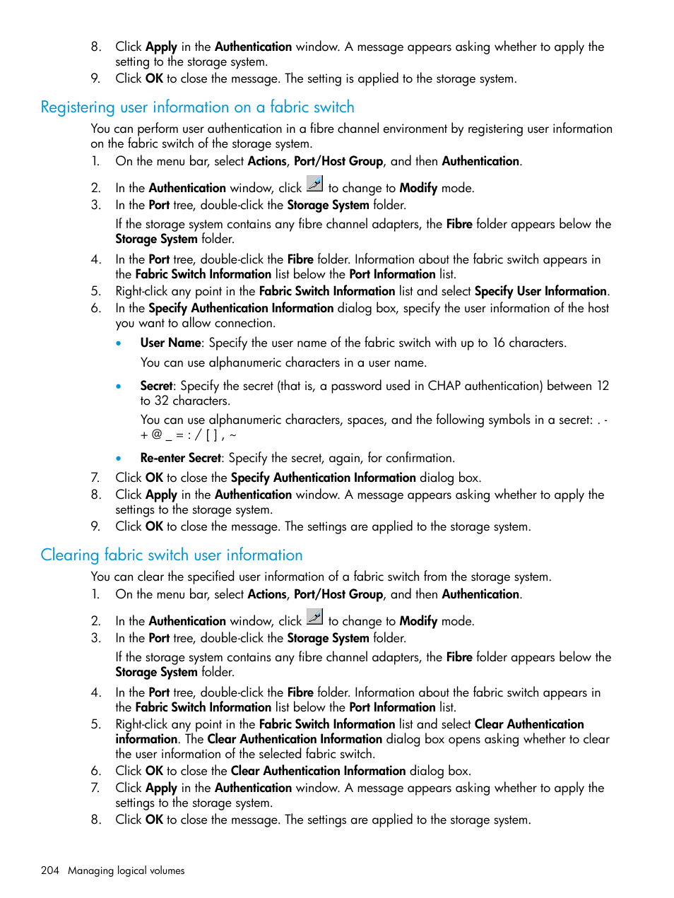 Registering user information on a fabric switch, Clearing fabric switch user information | HP XP P9500 Storage User Manual | Page 204 / 438