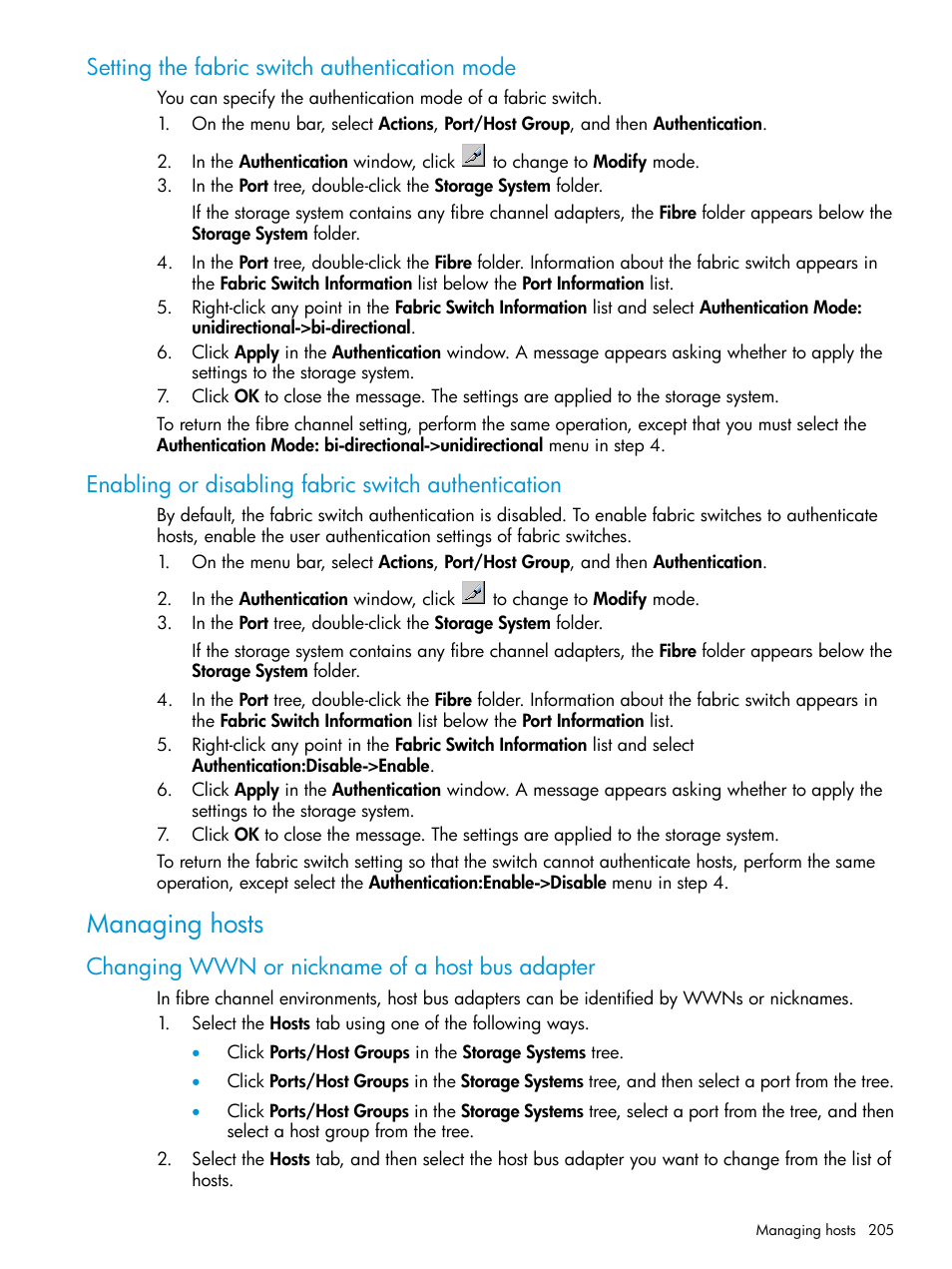 Setting the fabric switch authentication mode, Enabling or disabling fabric switch authentication, Managing hosts | Changing wwn or nickname of a host bus adapter | HP XP P9500 Storage User Manual | Page 205 / 438