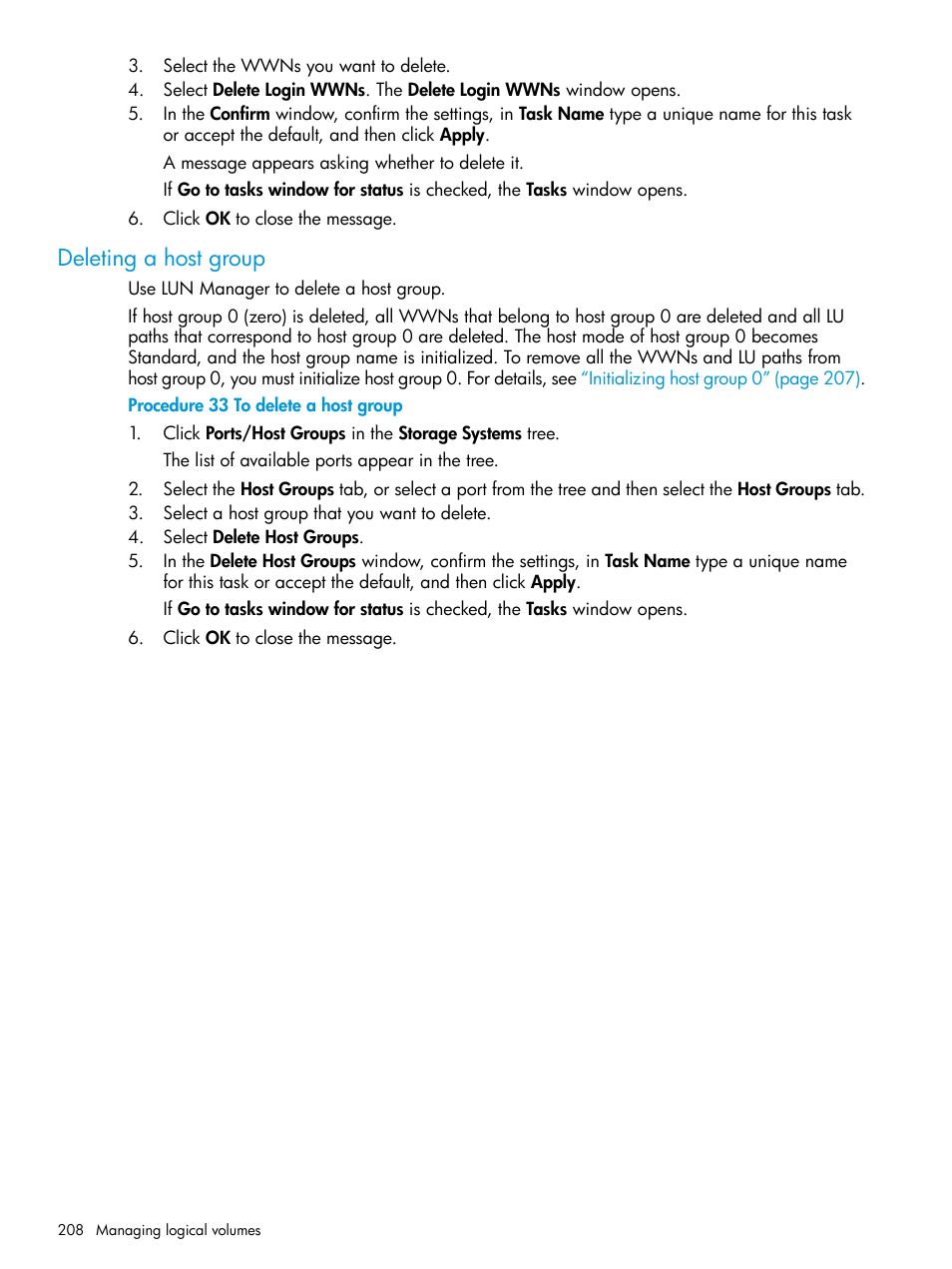 Deleting a host group | HP XP P9500 Storage User Manual | Page 208 / 438