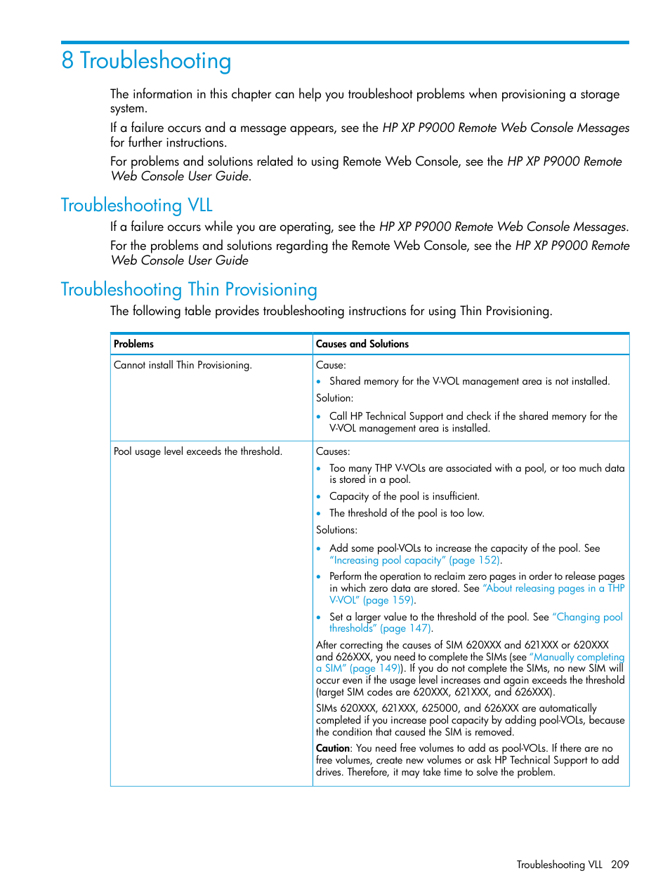 8 troubleshooting, Troubleshooting vll, Troubleshooting thin provisioning | HP XP P9500 Storage User Manual | Page 209 / 438