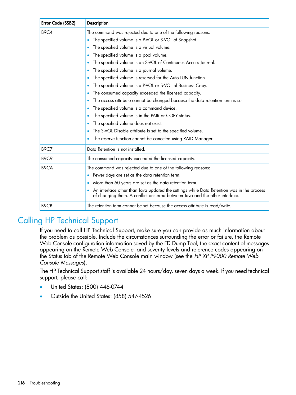 Calling hp technical support | HP XP P9500 Storage User Manual | Page 216 / 438