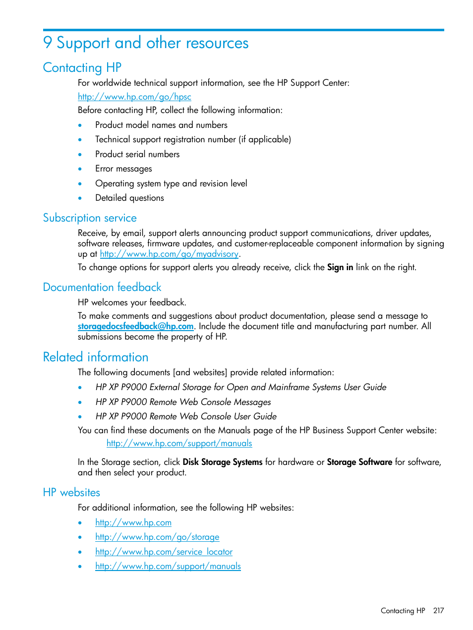 9 support and other resources, Contacting hp, Subscription service | Documentation feedback, Related information, Hp websites, Subscription service documentation feedback | HP XP P9500 Storage User Manual | Page 217 / 438