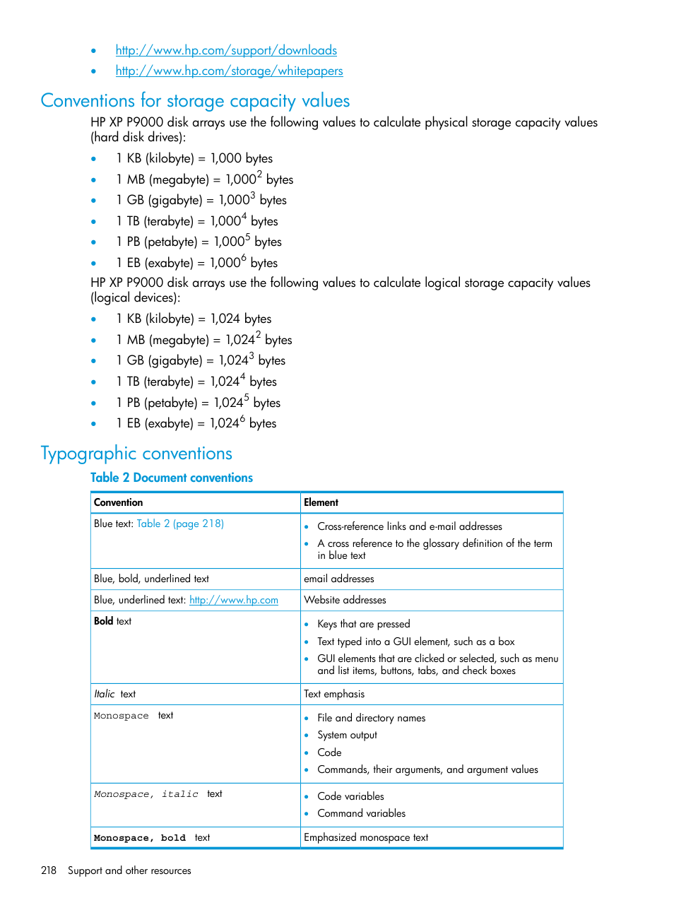 Conventions for storage capacity values, Typographic conventions | HP XP P9500 Storage User Manual | Page 218 / 438