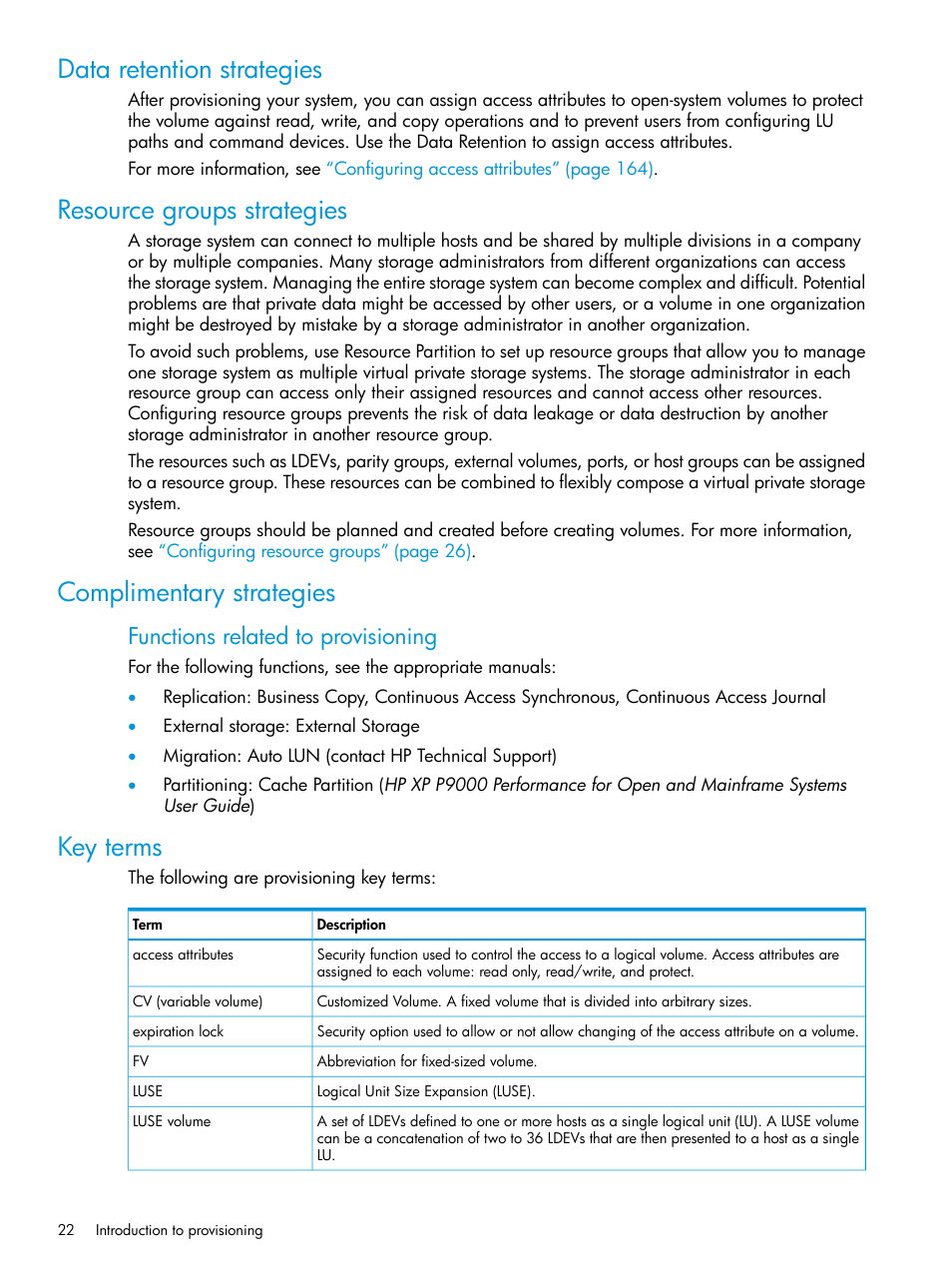 Data retention strategies, Resource groups strategies, Complimentary strategies | Key terms, Functions related to provisioning | HP XP P9500 Storage User Manual | Page 22 / 438