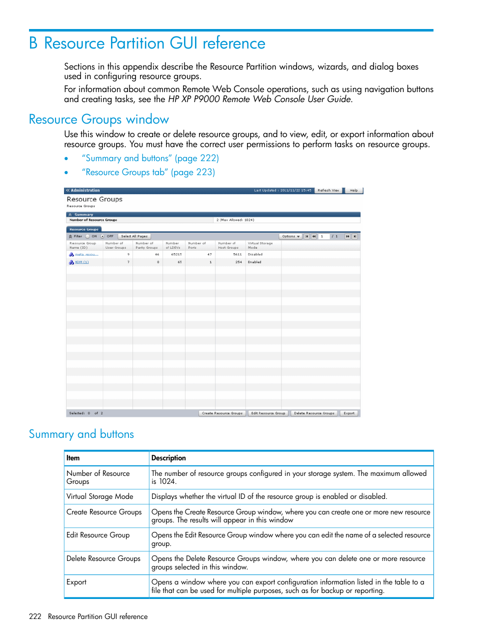 B resource partition gui reference, Resource groups window, Summary and buttons | HP XP P9500 Storage User Manual | Page 222 / 438