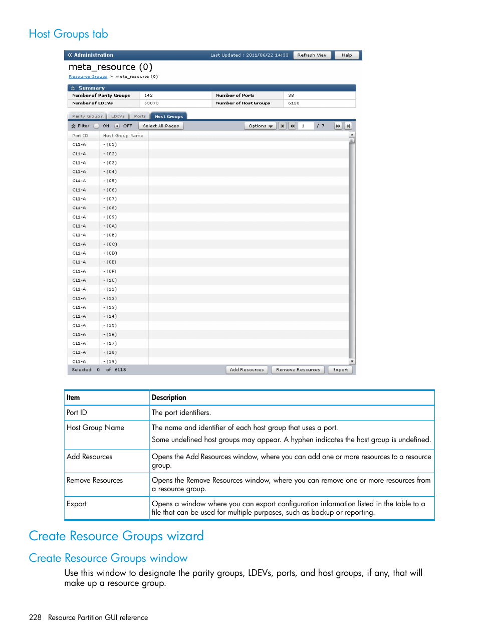 Host groups tab, Create resource groups wizard, Create resource groups window | HP XP P9500 Storage User Manual | Page 228 / 438